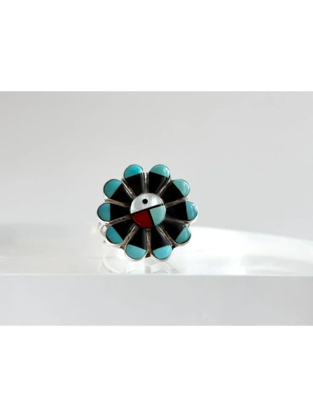 Zuni Sun Face Turquoise, Onyx, MOP & Coral Sterling Silver 925 Vintage Ring sz 6
